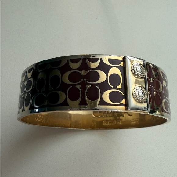 Coach Gold-Tone Burgundy and Cream Signature C Enamel Bangle Bracelet - Picture 2 of 4